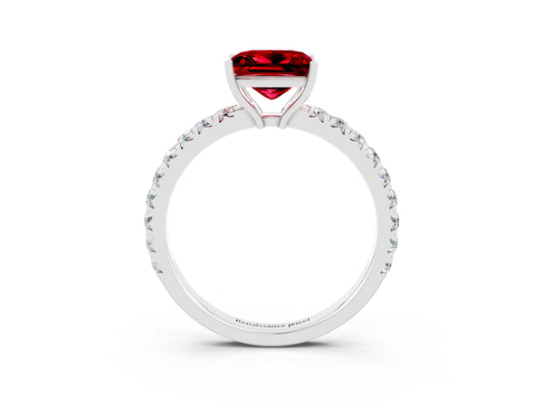 Silver Princess Cut Ruby Pavé Solitaire Engagement Ring with Four-Prong Setting