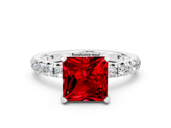 Platinum Princess Cut Ruby Pavé Solitaire Ring with Round Band and Prong Setting