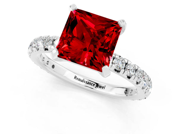 Platinum Princess Cut Ruby Pavé Solitaire Ring with Round Band and Prong Setting