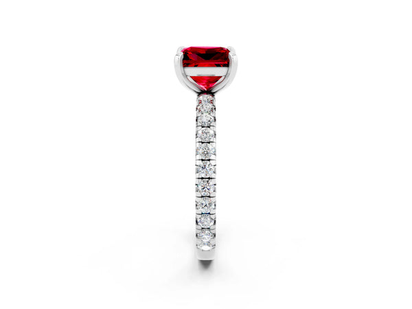 Platinum Princess Cut Ruby Pavé Solitaire Ring with Round Band and Prong Setting