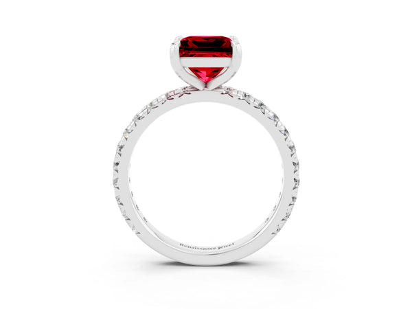 Platinum Princess Cut Ruby Pavé Solitaire Ring with Round Band and Prong Setting