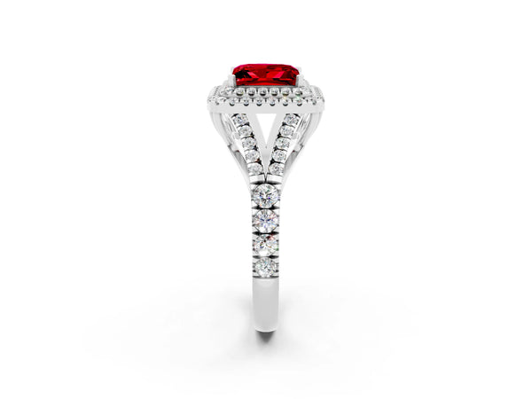 Platinum Princess Cut Ruby Pavé Split Shank Double Halo Engagement Ring