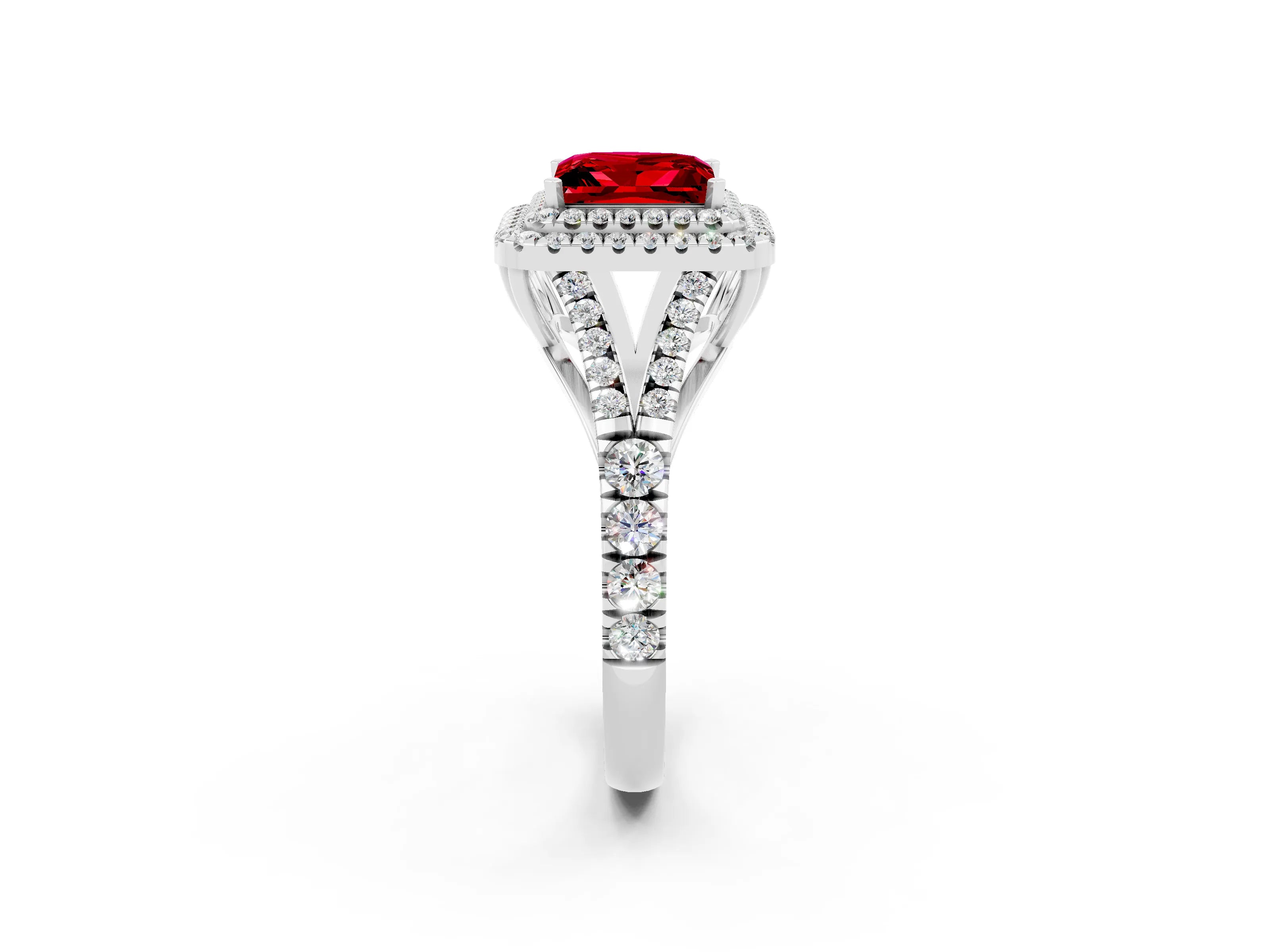 White gold Princess Cut Ruby Pavé Split Shank Double Halo Engagement Ring_2