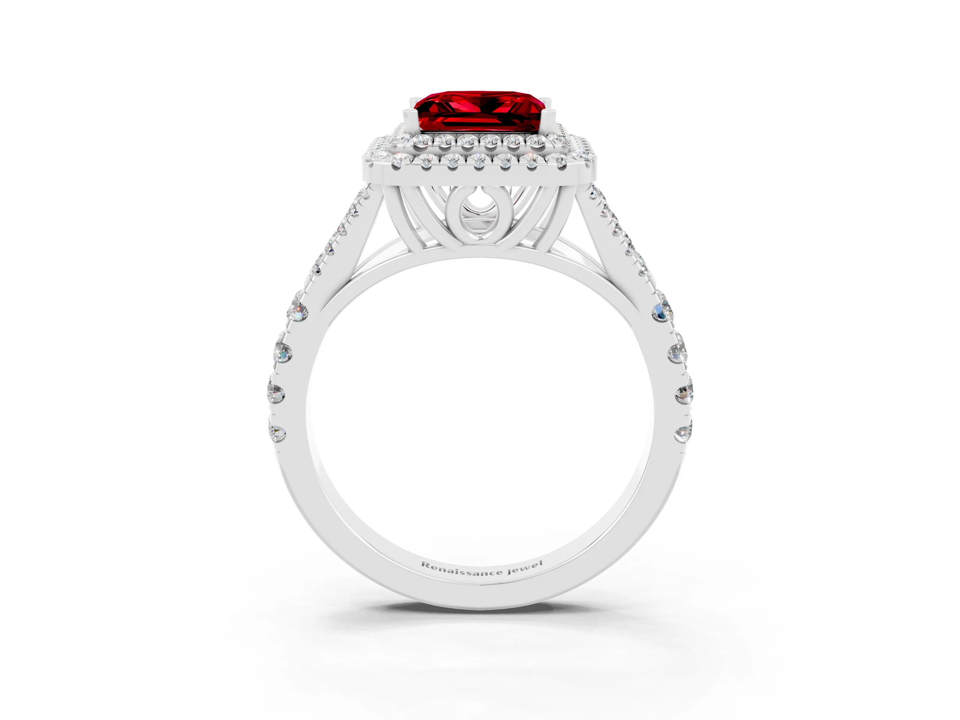 White gold Princess Cut Ruby Pavé Split Shank Double Halo Engagement Ring_3