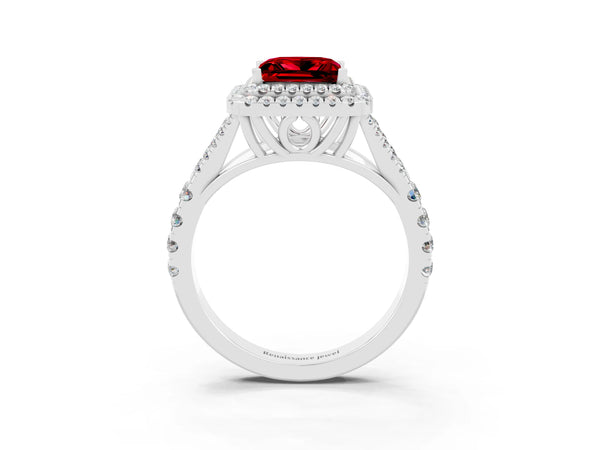 Platinum Princess Cut Ruby Pavé Split Shank Double Halo Engagement Ring