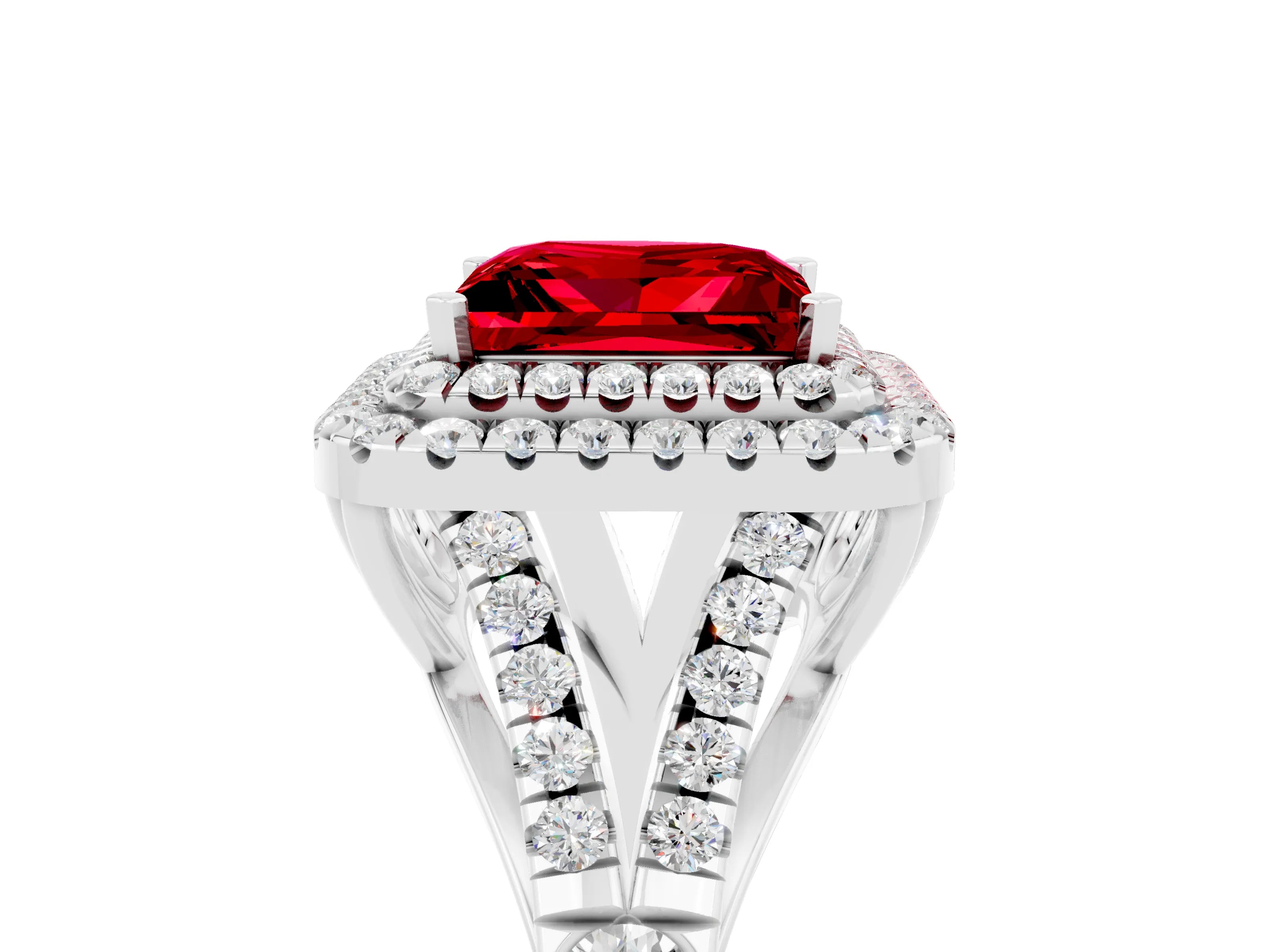 White gold Princess Cut Ruby Pavé Split Shank Double Halo Engagement Ring_5