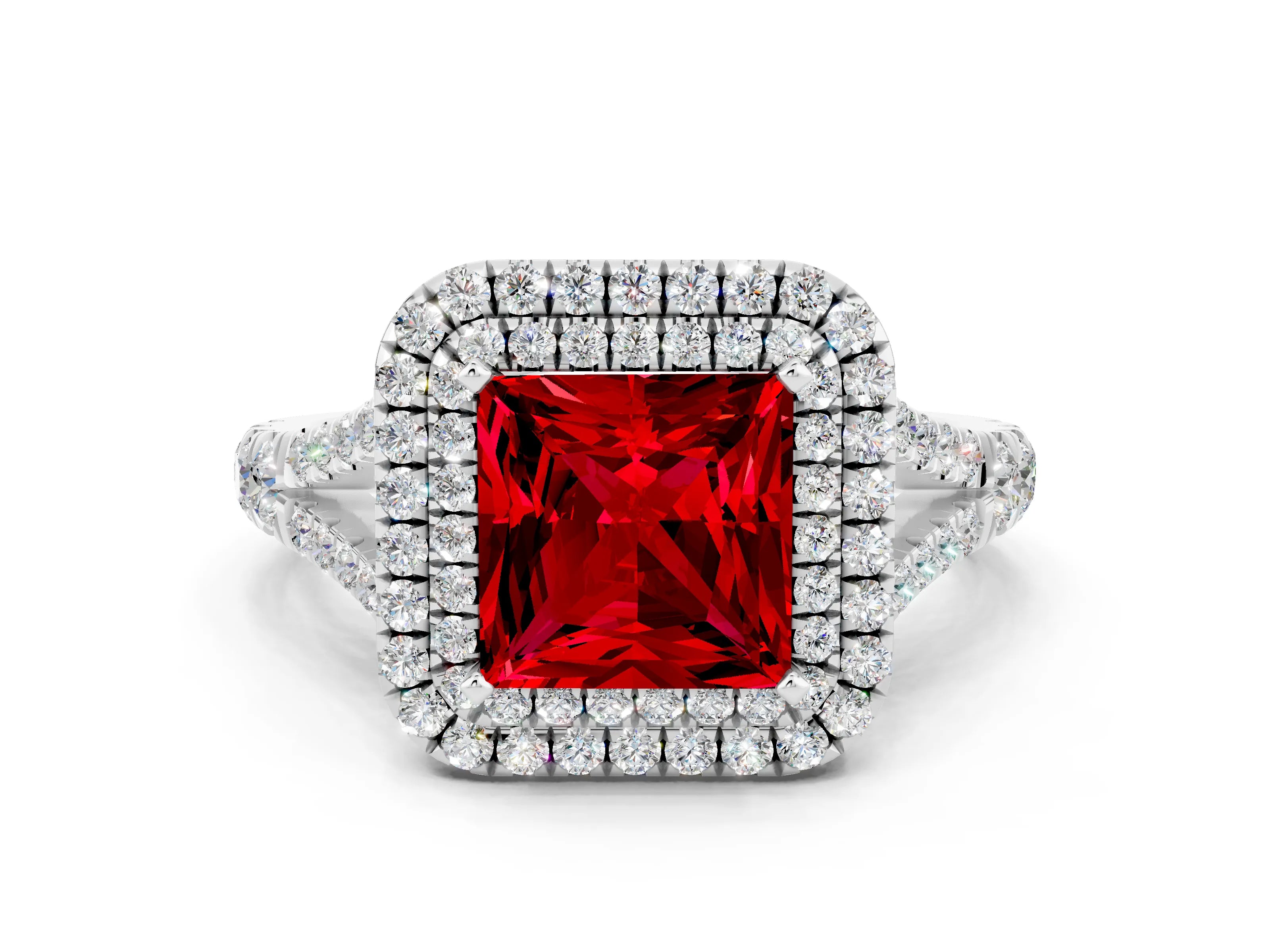 White gold Princess Cut Ruby Pavé Split Shank Double Halo Engagement Ring