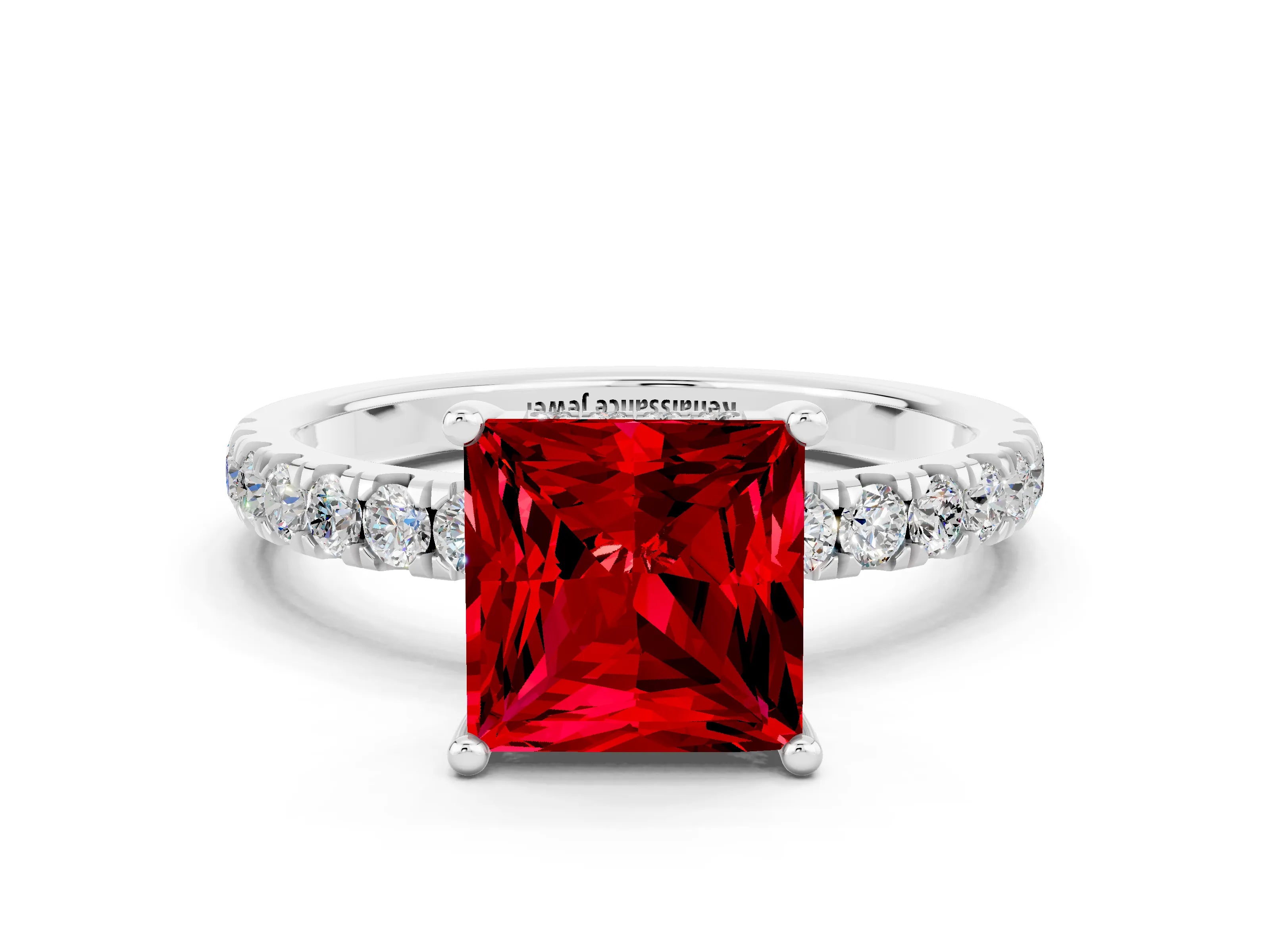 White gold Princess Cut Ruby Pave Band Solitaire Ring with Four-Prong Setting_12