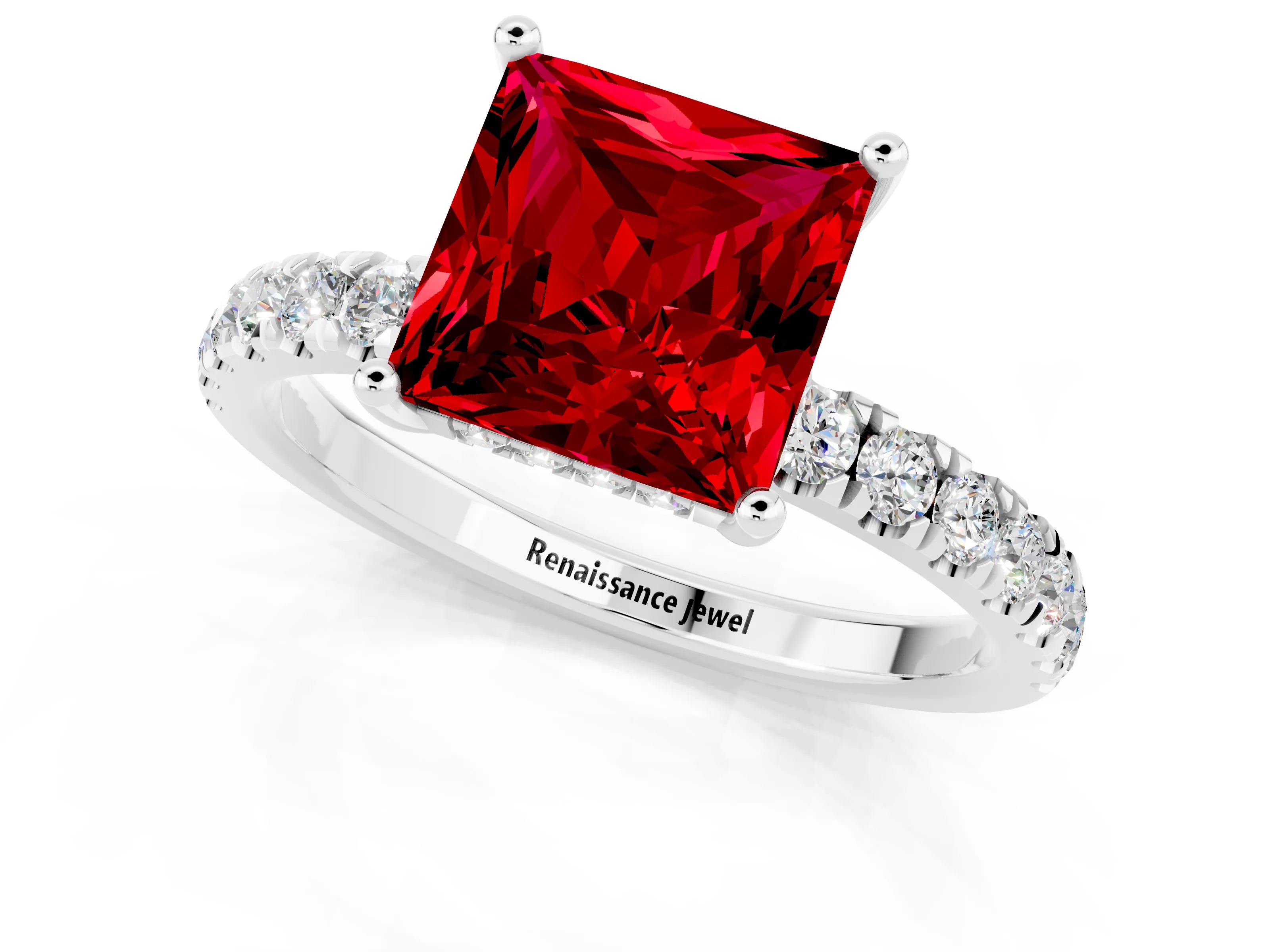 White gold Princess Cut Ruby Pave Band Solitaire Ring with Four-Prong Setting_13
