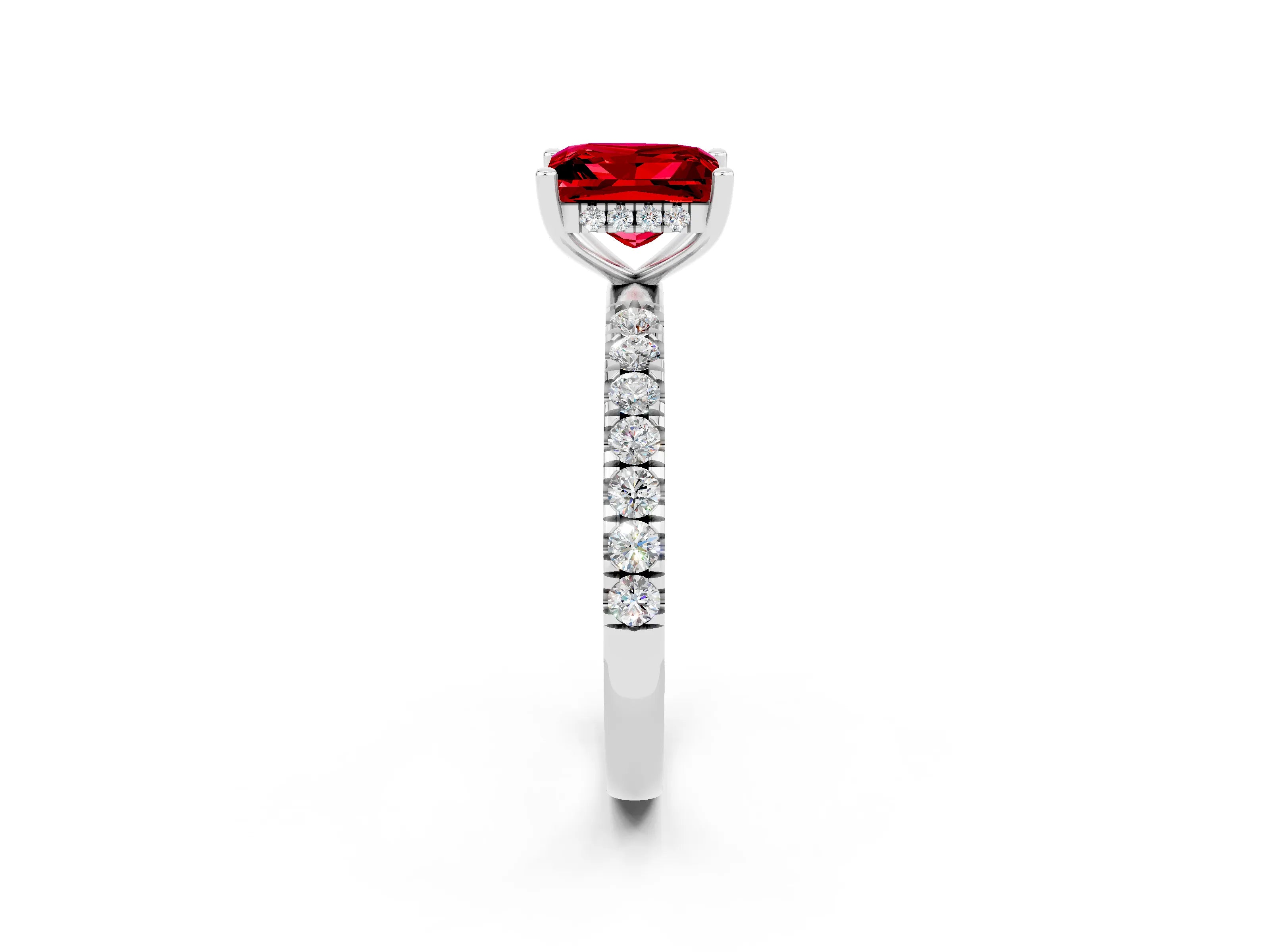 White gold Princess Cut Ruby Pave Band Solitaire Ring with Four-Prong Setting_14