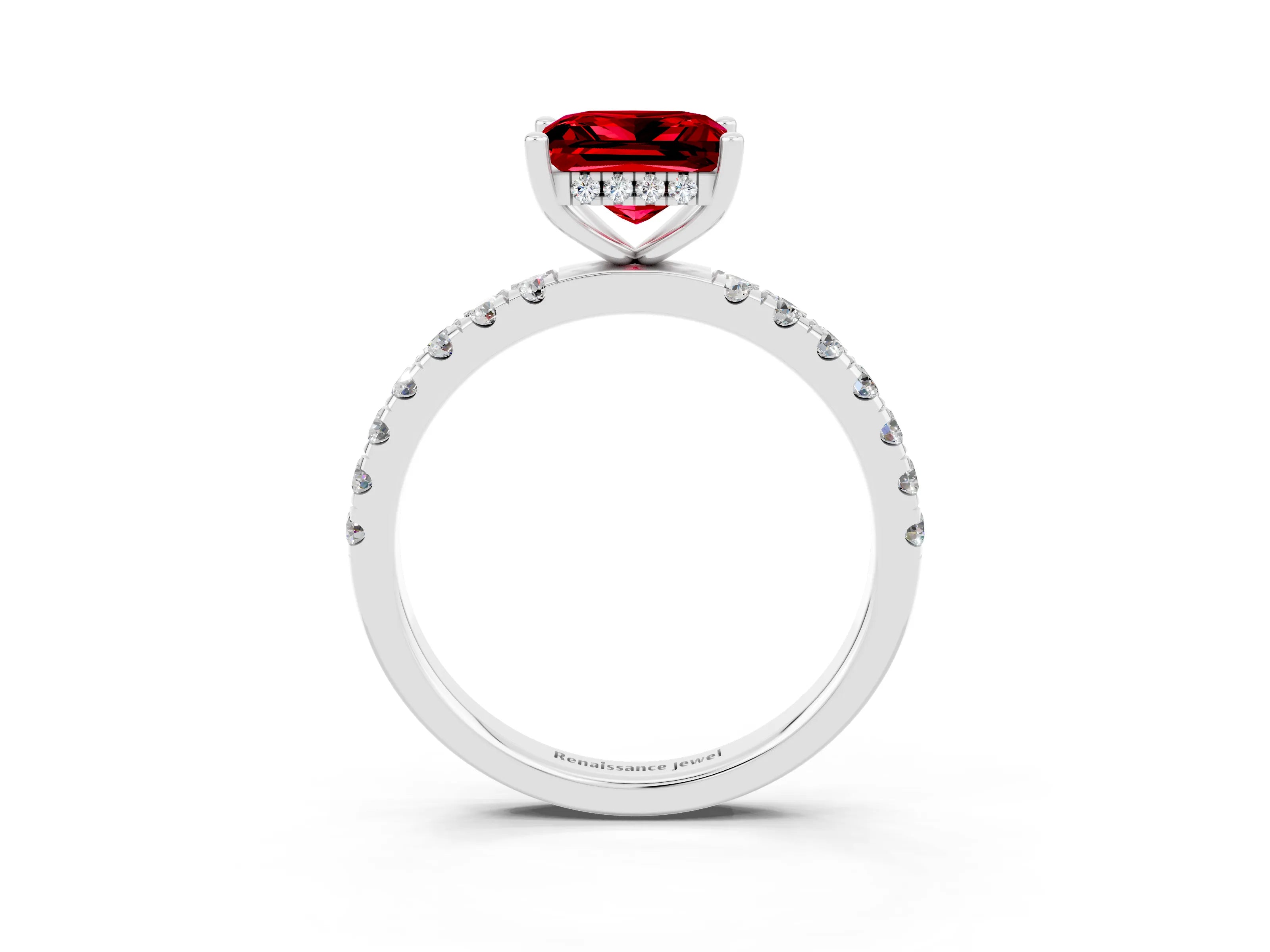 White gold Princess Cut Ruby Pave Band Solitaire Ring with Four-Prong Setting_15