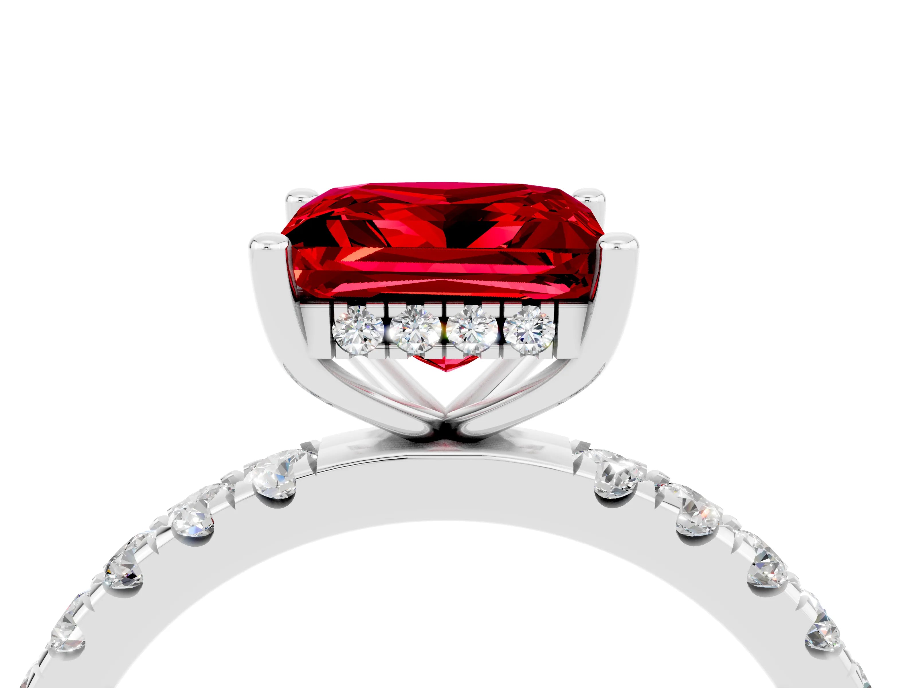 White gold Princess Cut Ruby Pave Band Solitaire Ring with Four-Prong Setting_16
