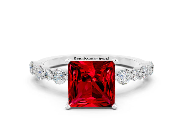 Platinum Princess Cut Ruby Prong Set Engagement Ring with Pavé Band