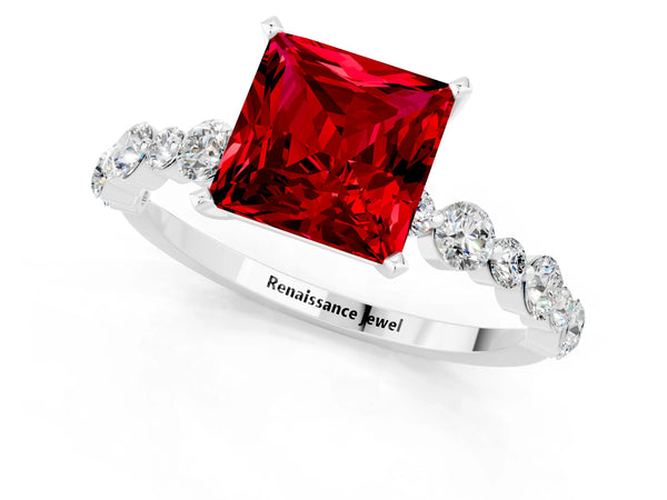 Silver Princess Cut Ruby Prong Set Engagement Ring with Pavé Band