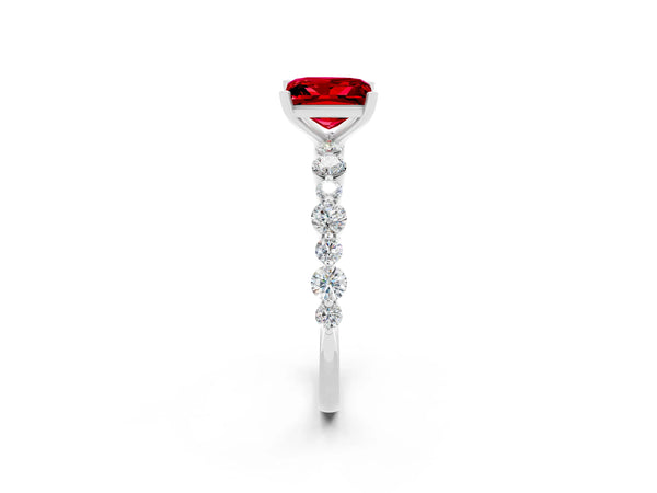 Platinum Princess Cut Ruby Prong Set Engagement Ring with Pavé Band