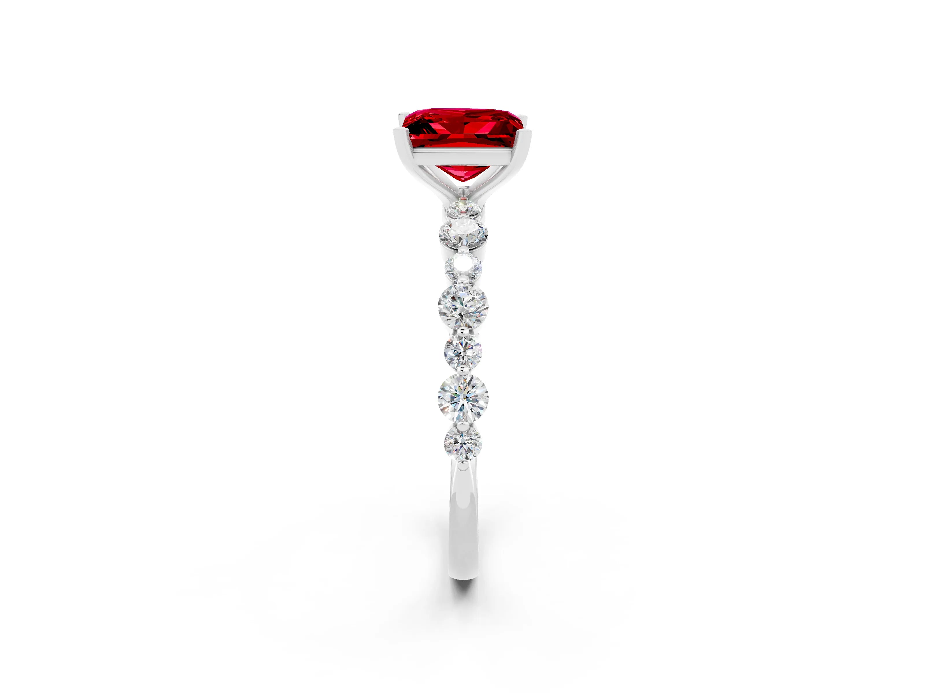 White gold Princess Cut Ruby Prong Set Engagement Ring with Pavé Band_2