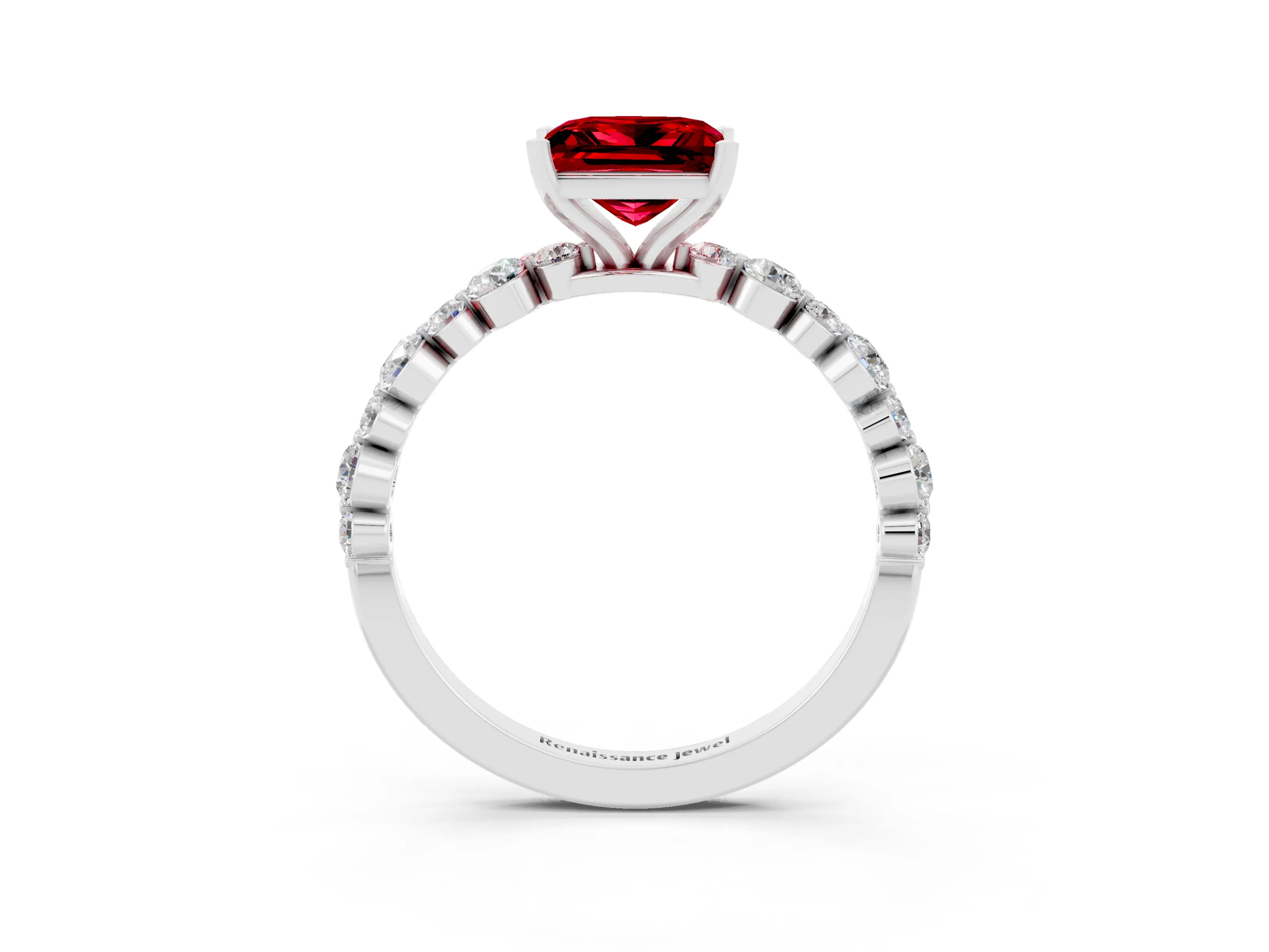 White gold Princess Cut Ruby Prong Set Engagement Ring with Pavé Band_3