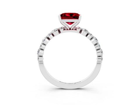 White gold Princess Cut Ruby Prong Set Engagement Ring with Pavé Band_3