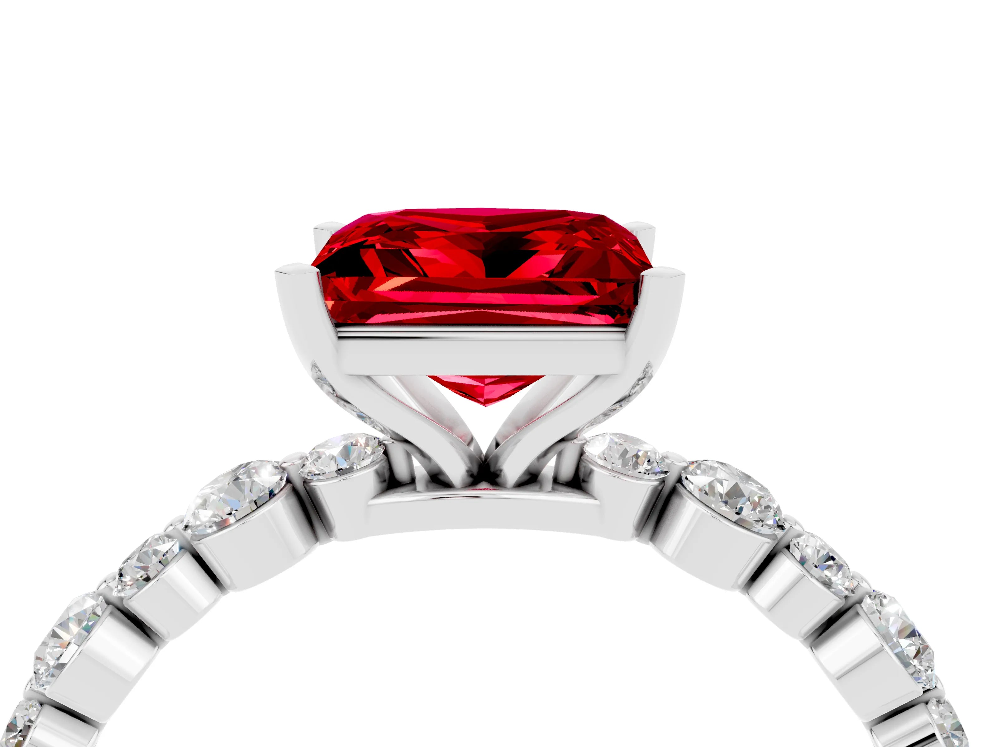 White gold Princess Cut Ruby Prong Set Engagement Ring with Pavé Band_4