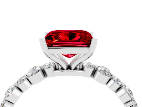 White gold Princess Cut Ruby Prong Set Engagement Ring with Pavé Band_4