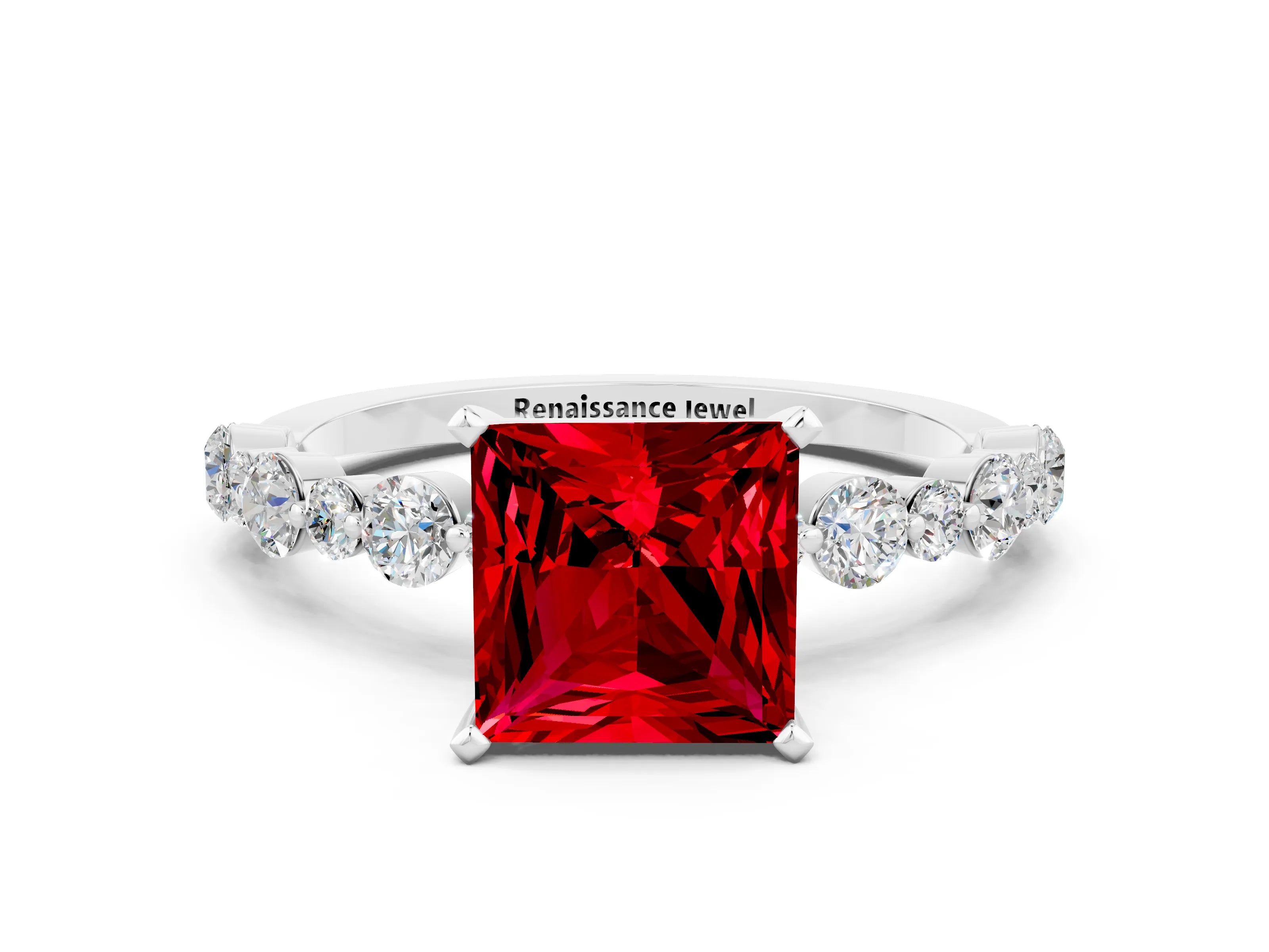 White gold Princess Cut Ruby Prong Set Engagement Ring with Pavé Band