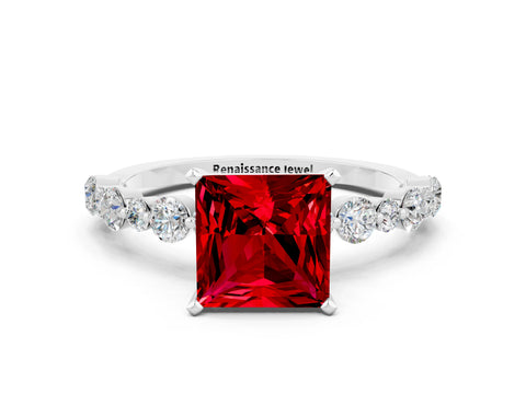 White gold Princess Cut Ruby Prong Set Engagement Ring with Pavé Band