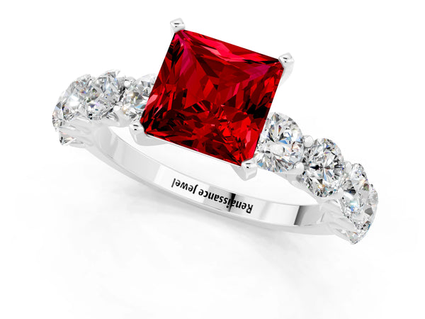 Silver Princess Cut Ruby Prong Setting with Side Stones on a Pave Band