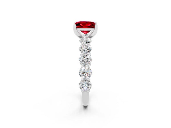 Platinum Princess Cut Ruby Prong Setting with Side Stones on a Pave Band