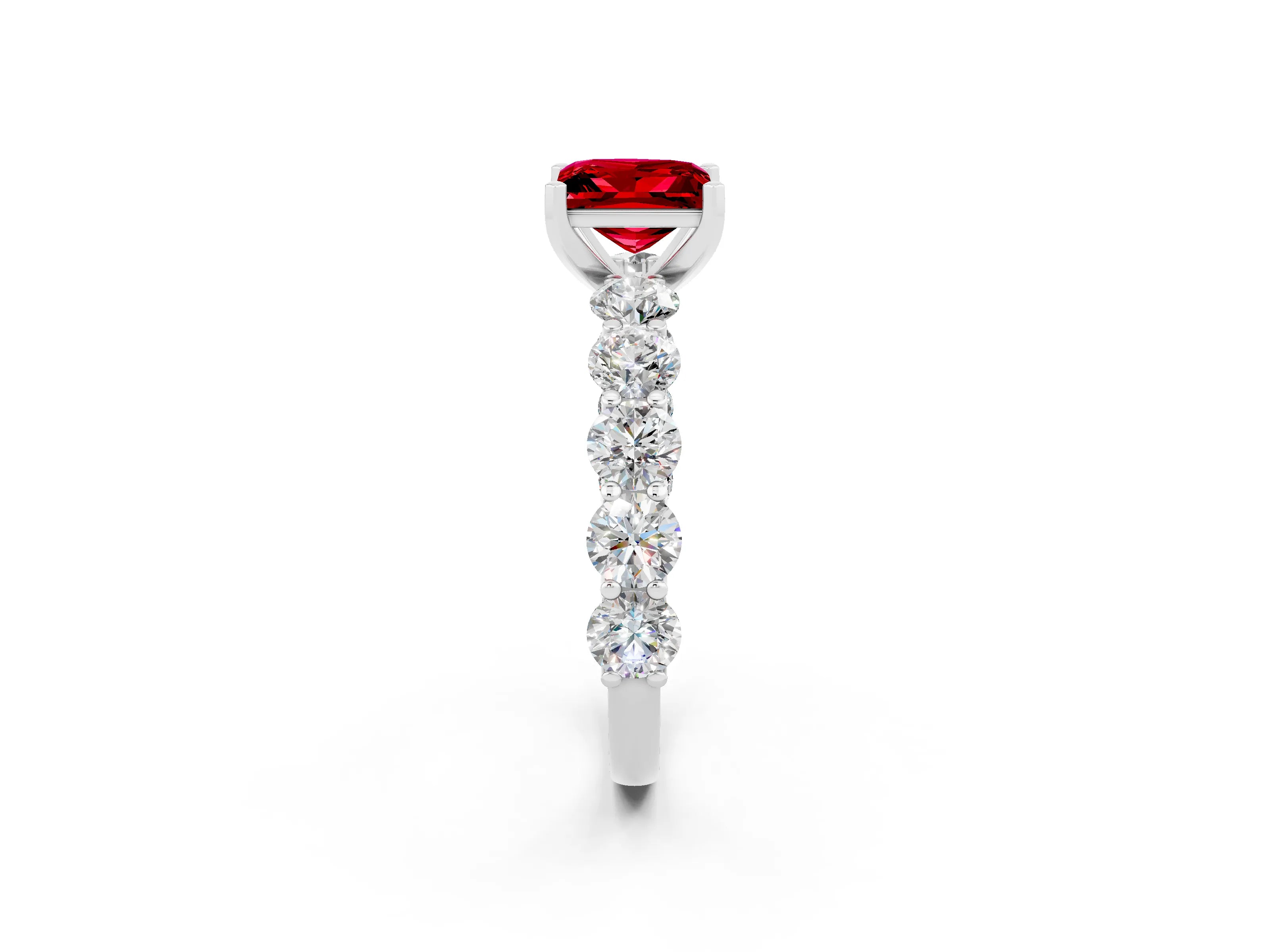 White gold Princess Cut Ruby Prong Setting with Side Stones on a Pave Band_2