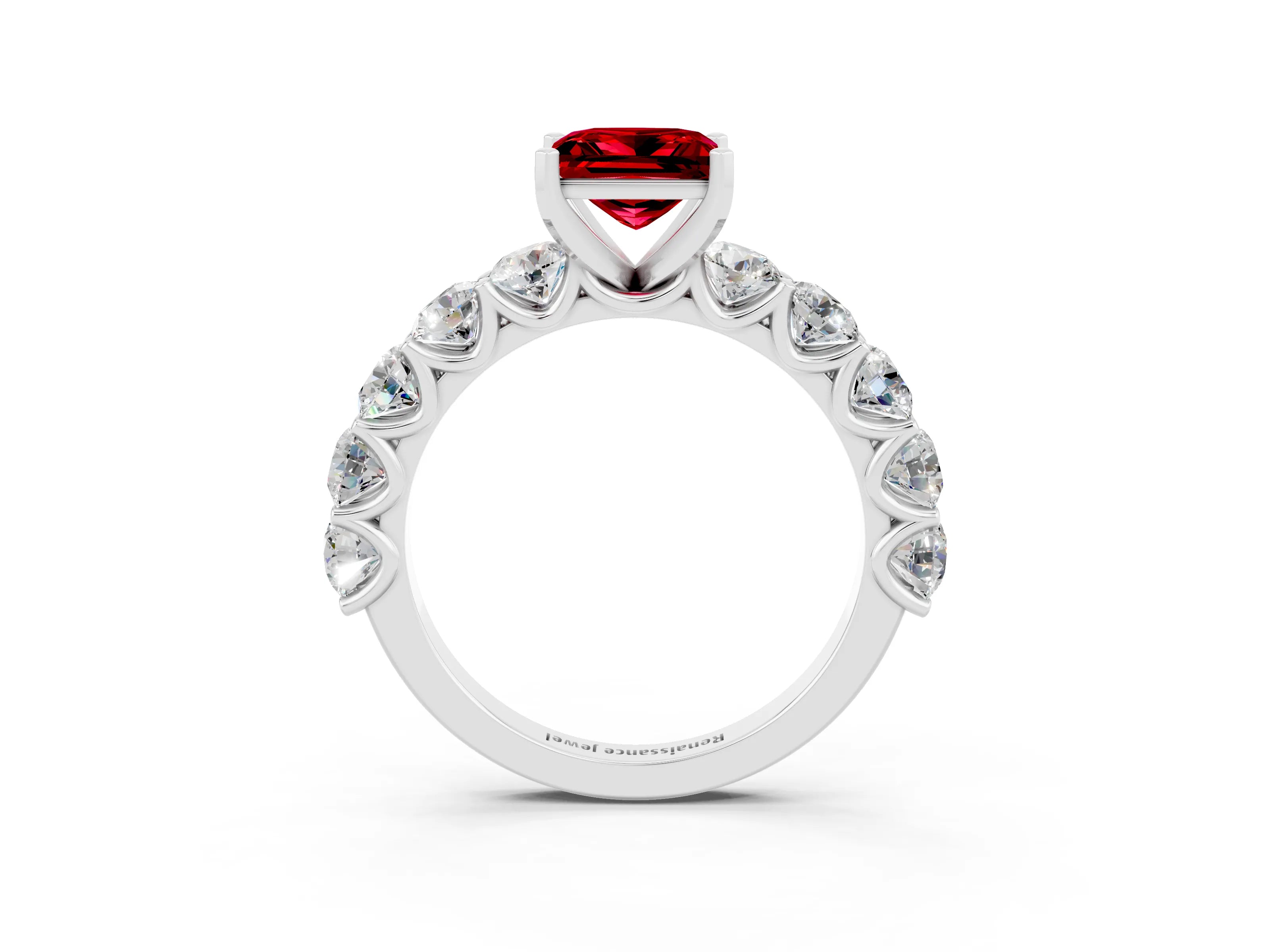 White gold Princess Cut Ruby Prong Setting with Side Stones on a Pave Band_3