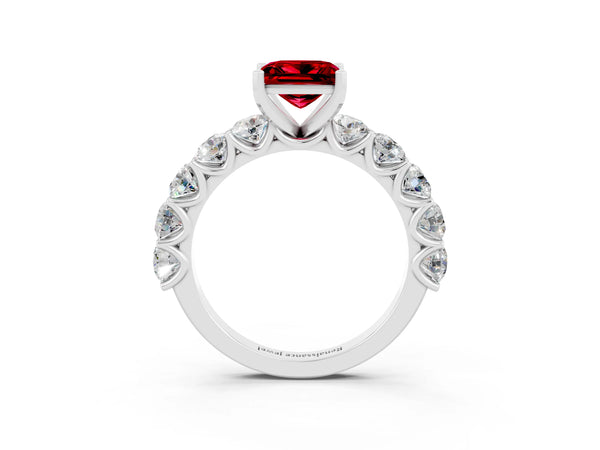 Platinum Princess Cut Ruby Prong Setting with Side Stones on a Pave Band