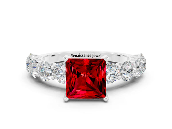 White gold Princess Cut Ruby Prong Setting with Side Stones on a Pave Band