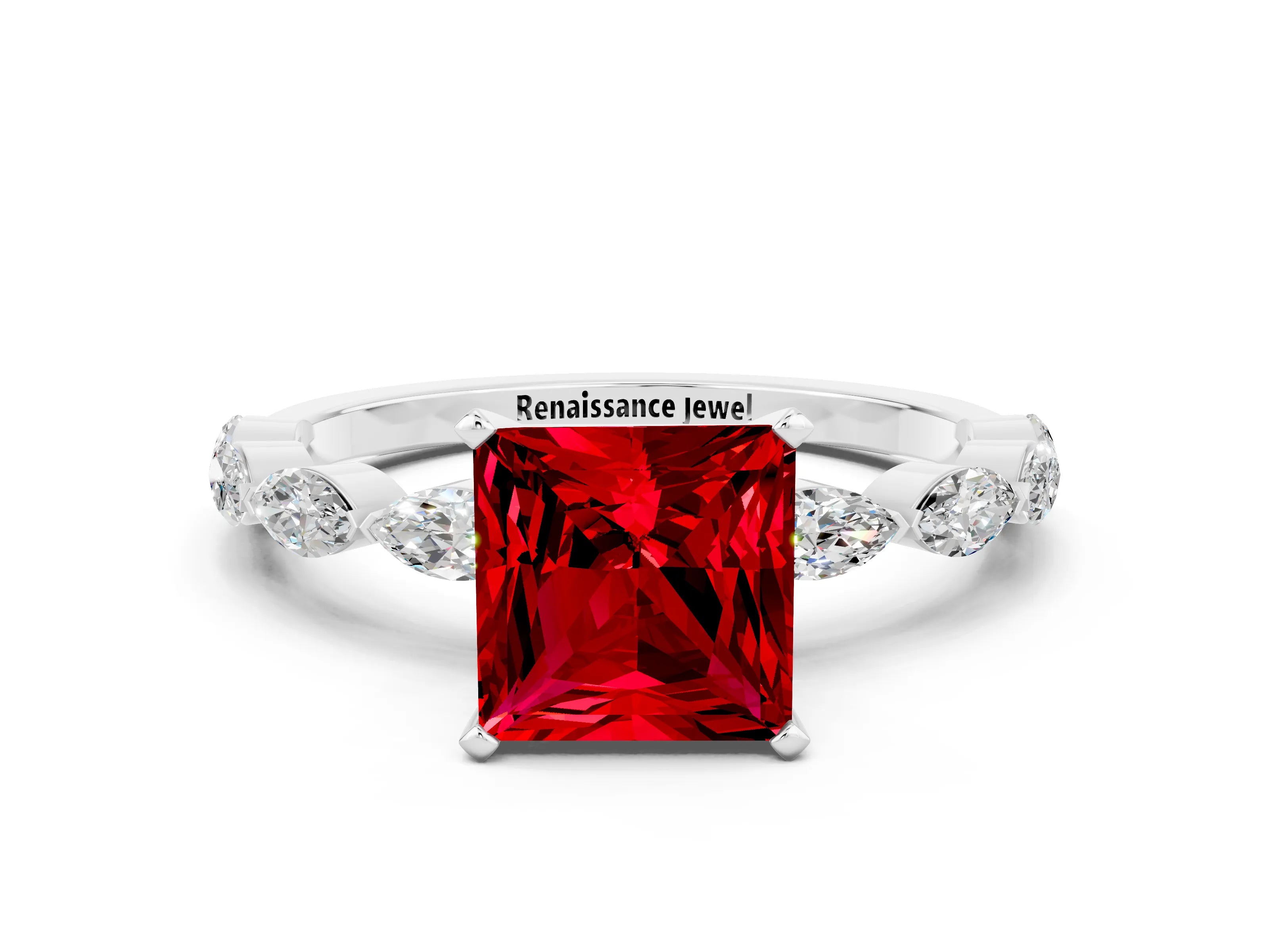 White gold Princess Cut Ruby Ring with Marquise Side Stones and Prong Setting
