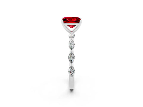 White gold Princess Cut Ruby Ring with Marquise Side Stones and Prong Setting_2