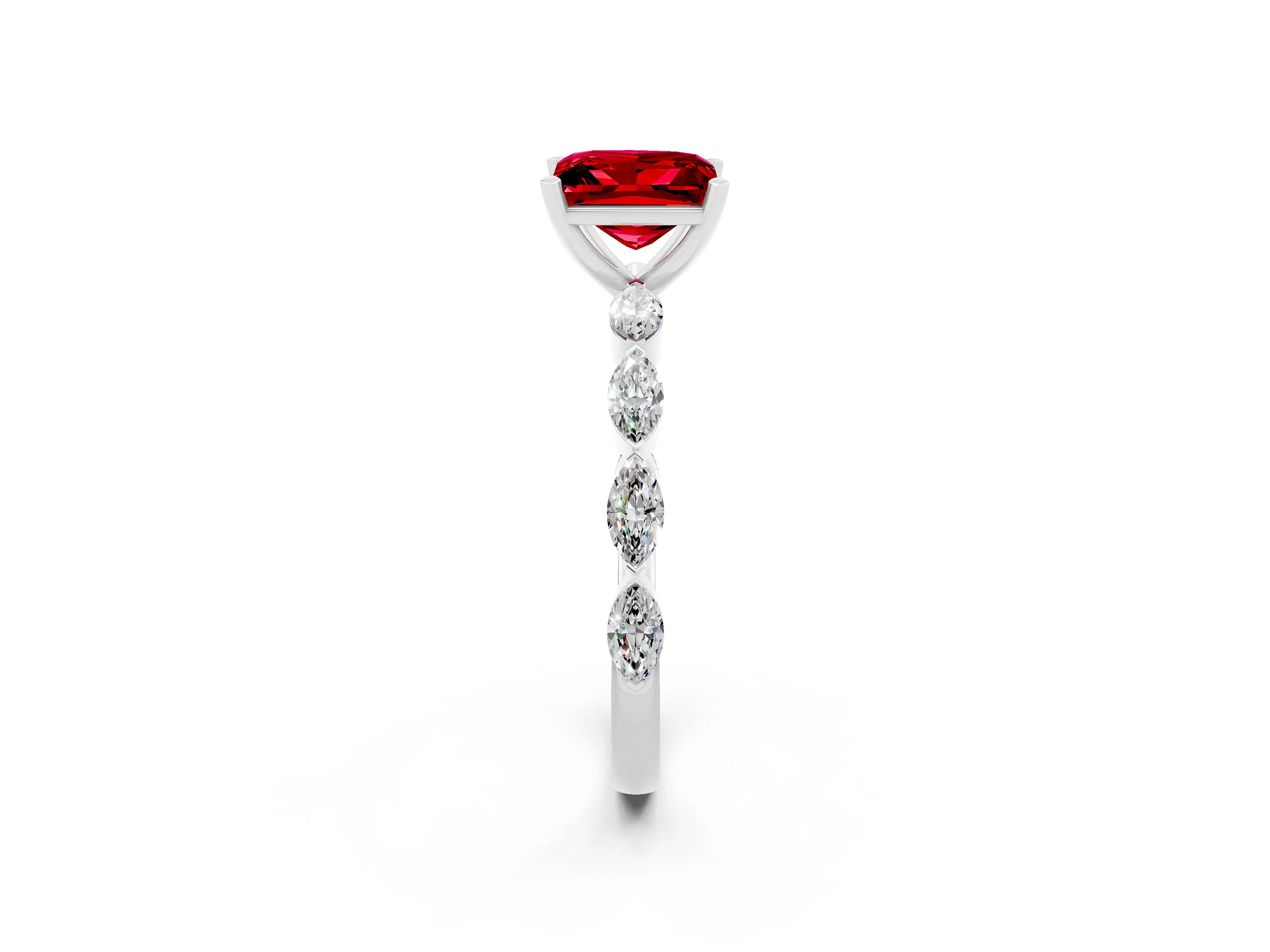 White gold Princess Cut Ruby Ring with Marquise Side Stones and Prong Setting_2