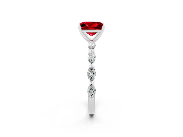 Silver Princess Cut Ruby Ring with Marquise Side Stones and Prong Setting