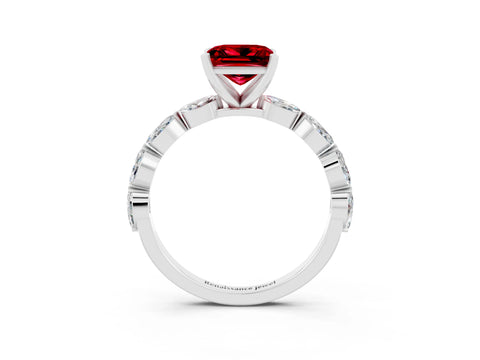 White gold Princess Cut Ruby Ring with Marquise Side Stones and Prong Setting_3