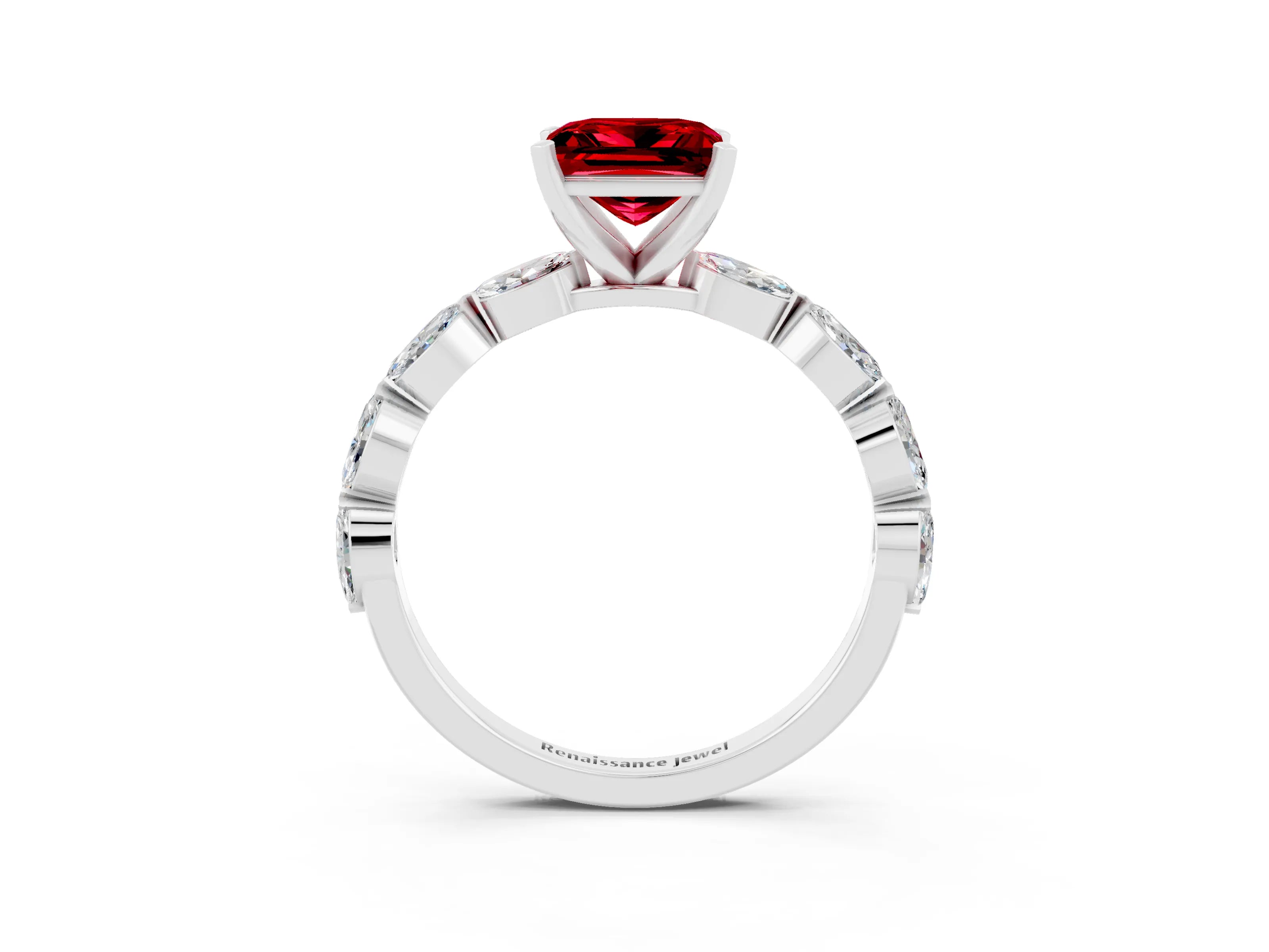 White gold Princess Cut Ruby Ring with Marquise Side Stones and Prong Setting_3