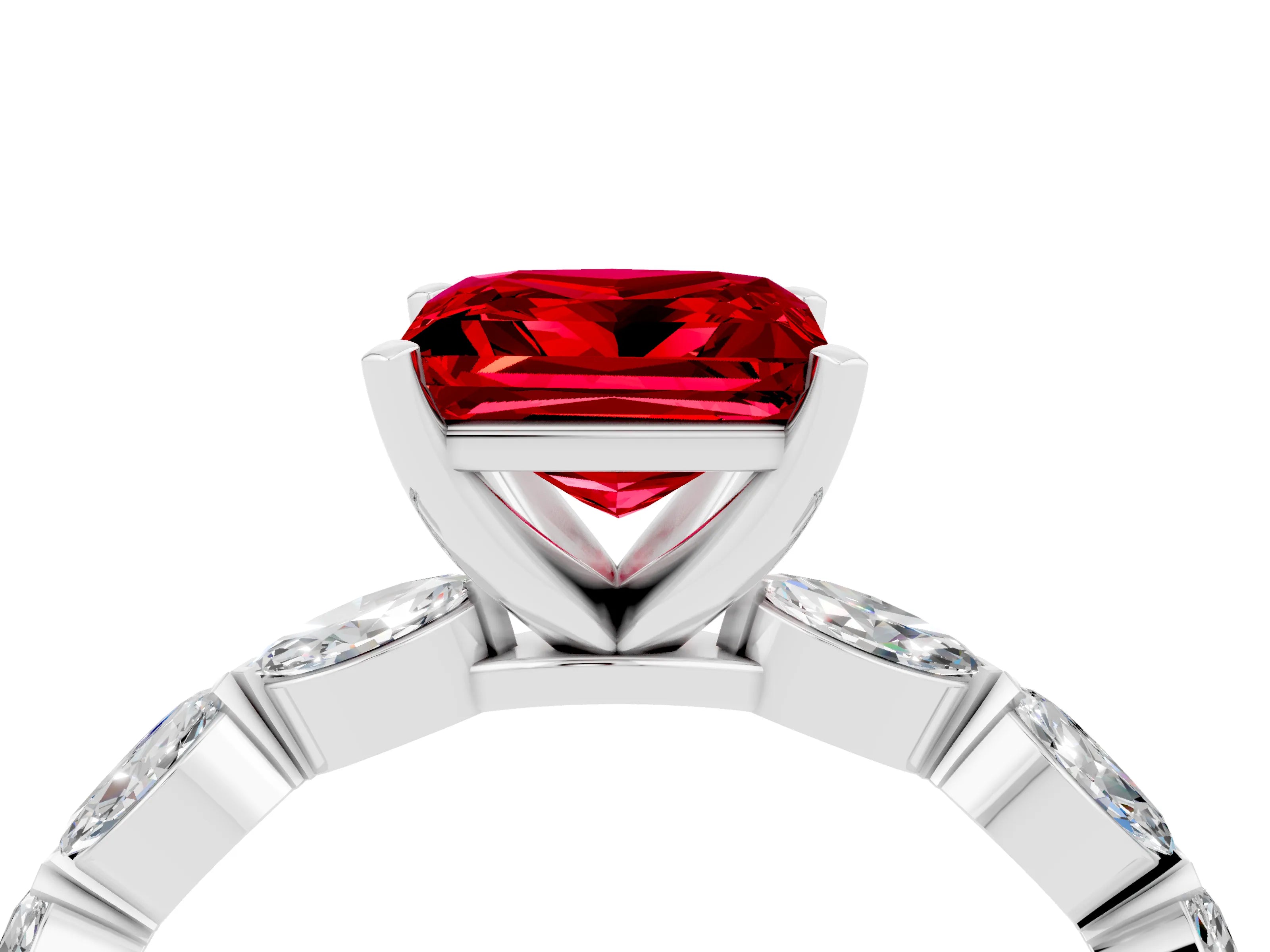 White gold Princess Cut Ruby Ring with Marquise Side Stones and Prong Setting_4