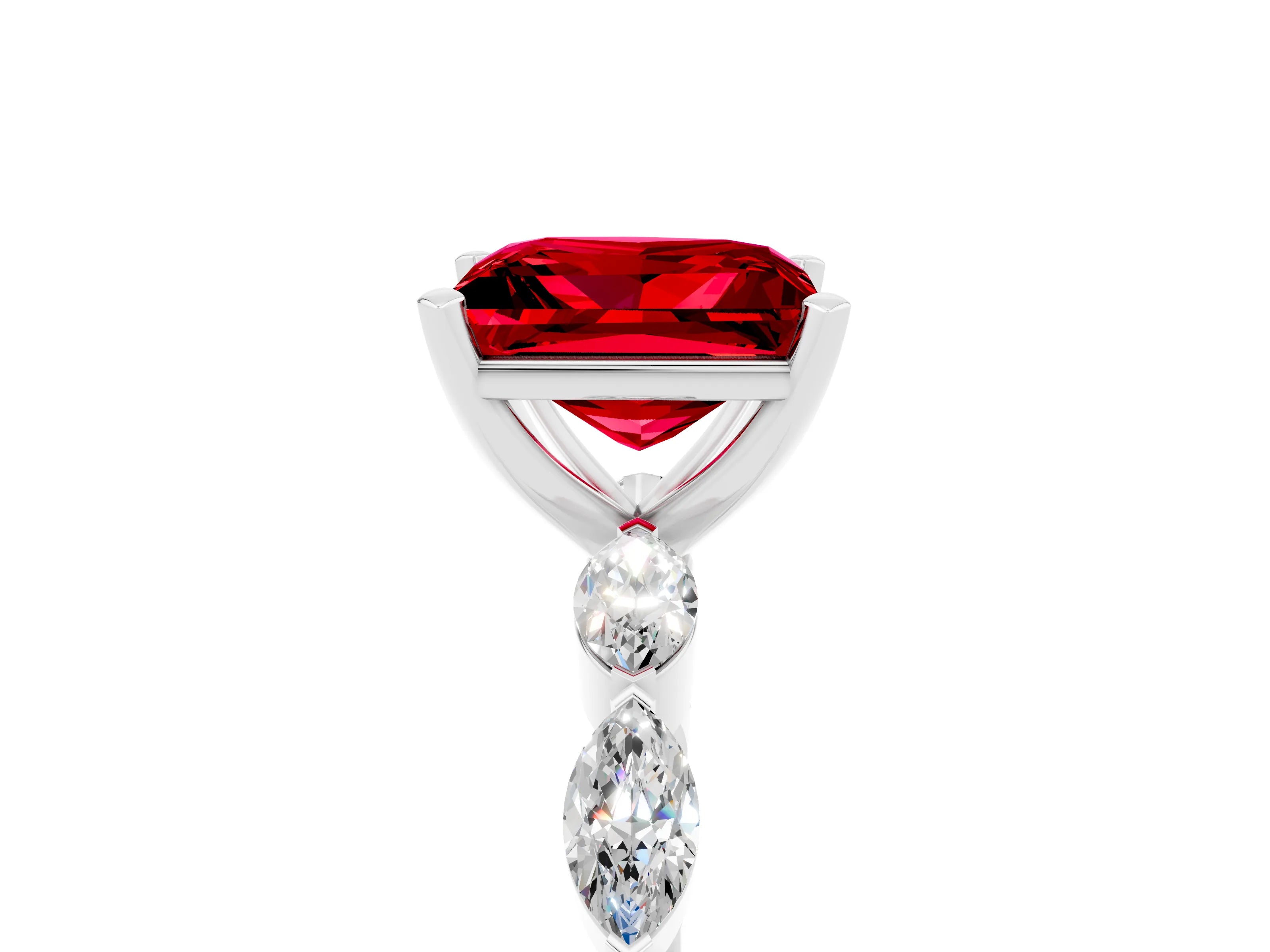 White gold Princess Cut Ruby Ring with Marquise Side Stones and Prong Setting_5