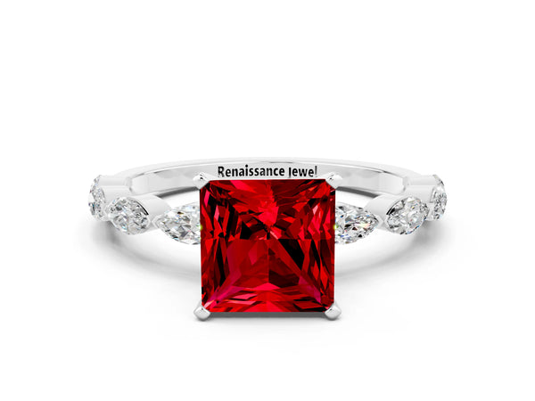 White gold Princess Cut Ruby Ring with Marquise Side Stones and Prong Setting