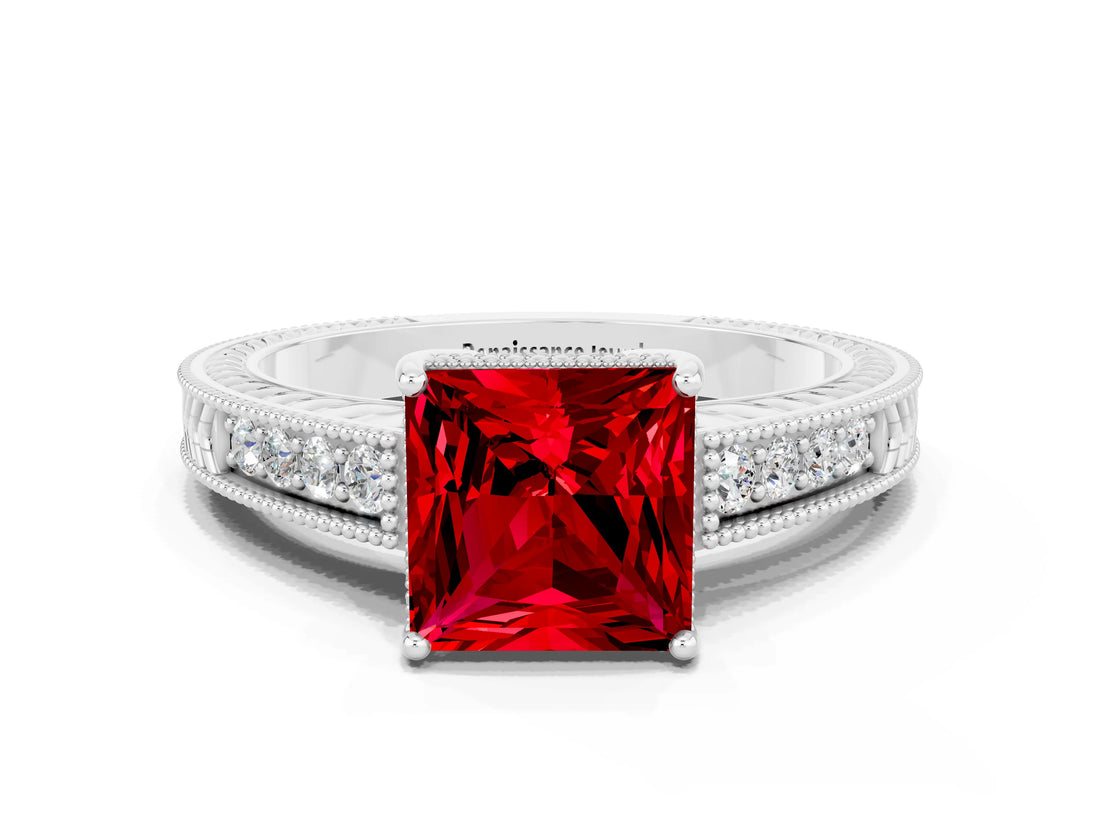 White gold Princess Cut Ruby Ring with Milgrain Pavé Band and Four-Prong Setting_12