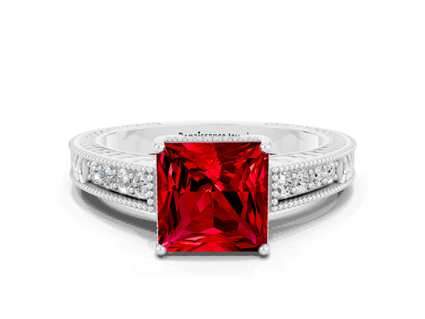 Silver Princess Cut Ruby Ring with Milgrain Pavé Band and Four-Prong Setting