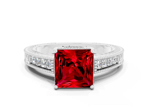 White gold Princess Cut Ruby Ring with Milgrain Pavé Band and Four-Prong Setting_12