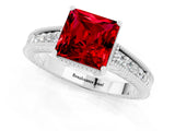 White gold Princess Cut Ruby Ring with Milgrain Pavé Band and Four-Prong Setting_13