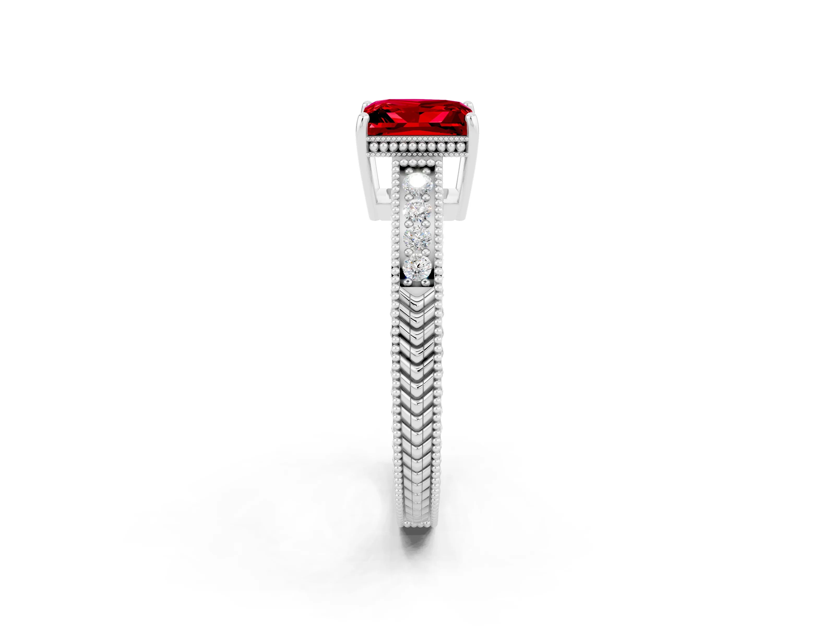 White gold Princess Cut Ruby Ring with Milgrain Pavé Band and Four-Prong Setting_14