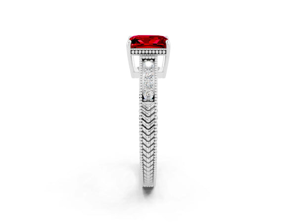 White gold Princess Cut Ruby Ring with Milgrain Pavé Band and Four-Prong Setting