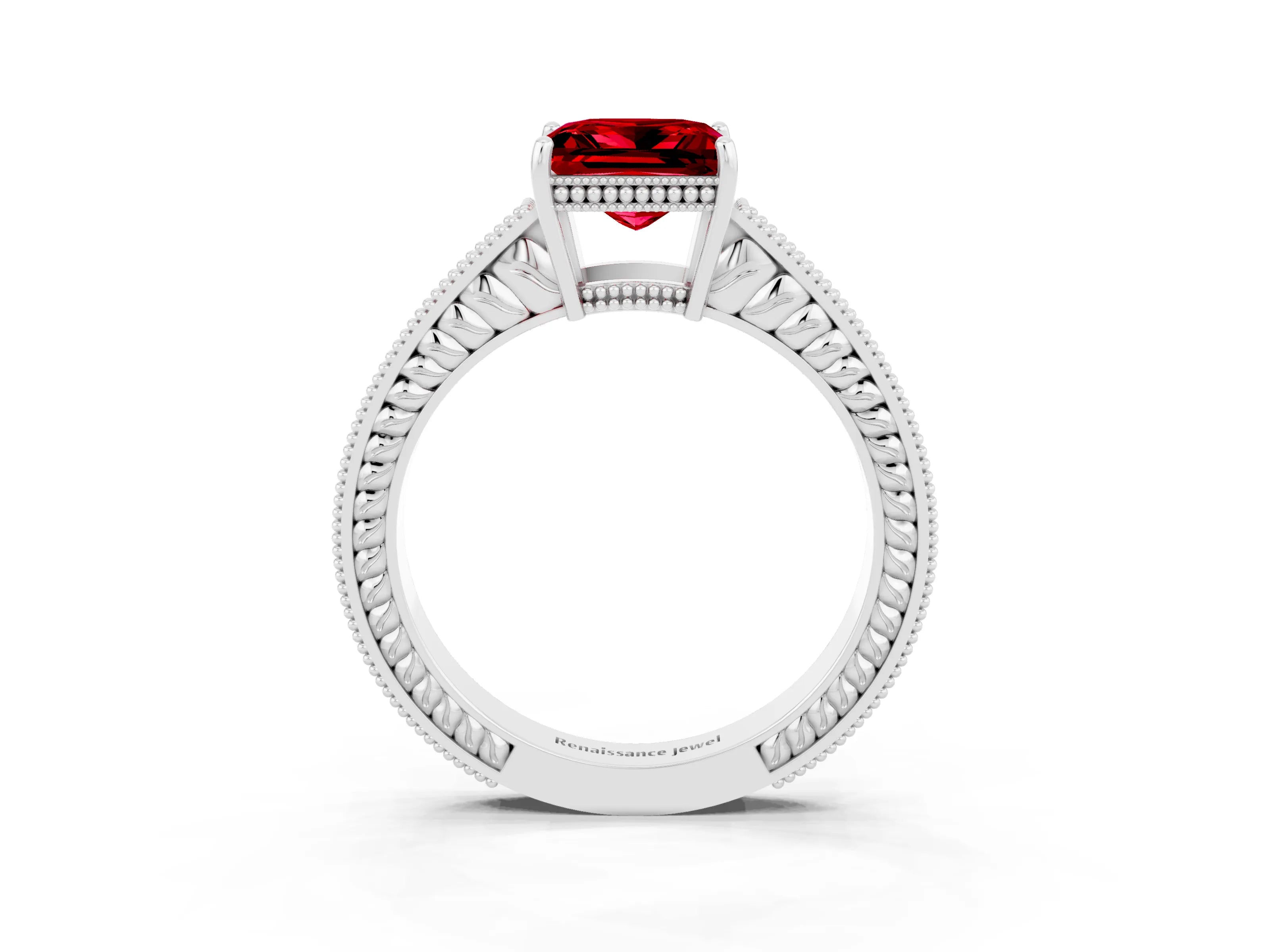 White gold Princess Cut Ruby Ring with Milgrain Pavé Band and Four-Prong Setting_15