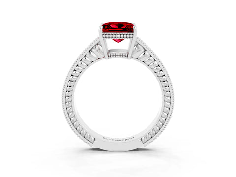 White gold Princess Cut Ruby Ring with Milgrain Pavé Band and Four-Prong Setting_15