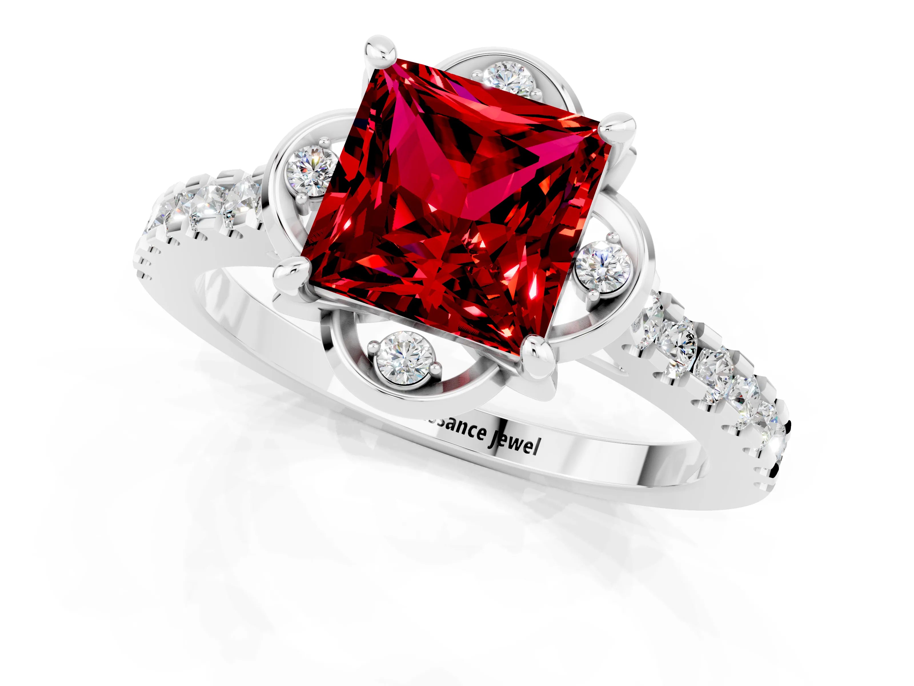 White gold Princess Cut Ruby Ring with Pavé Band and Floral Prong Setting_1